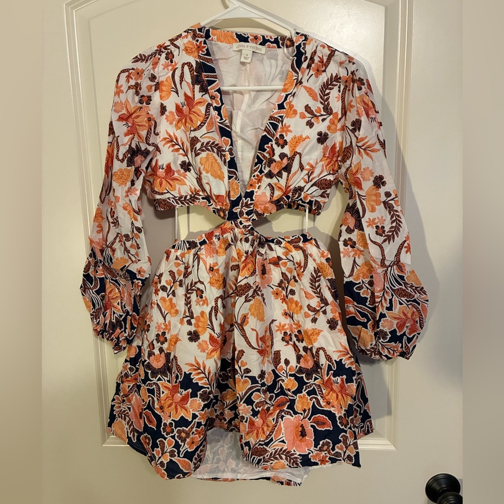 Chelsea & Violet Long Sleeve Floral Dress - Orange and Navy